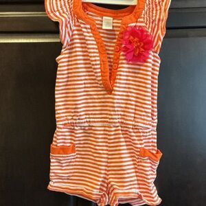Gymboree (2013) Orange and White Striped Romper with Pink Flower